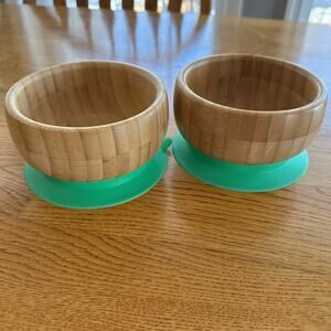Set Of 2Avanchy Baby Bamboo Wood Bowl Suction Cup Bottom Green Toddler. Non Slip